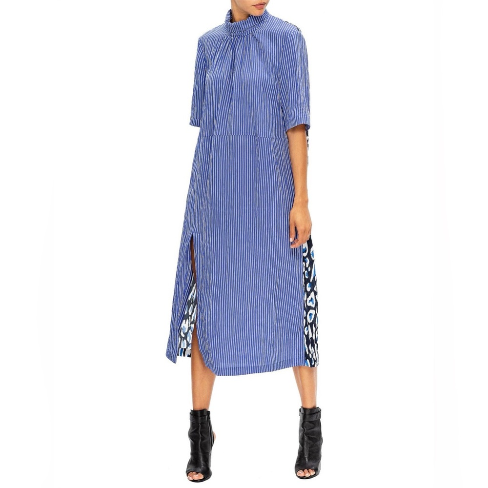 Blue Striped Midi Dress with Side Slit